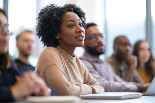 An engaged young woman listens intently in a classroom setting, emphasizing the importance of education and participation in a learning environment filled with diverse individuals.