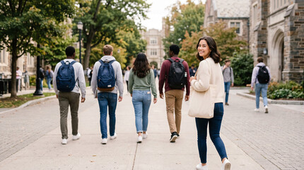 Fototapeta premium Beautiful group students walking campus buildings autumn which is perfect for corporate success presentation and highly effective marketing campaigns