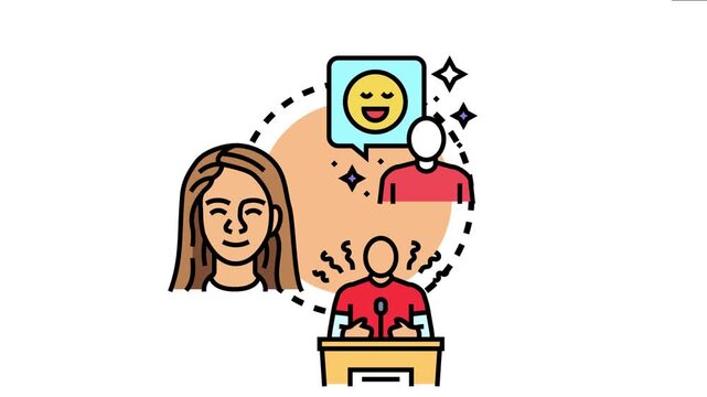 Person experiencing nervousness at a podium transforms into a confident individual, radiating joy and receiving positive feedback, symbolizing a journey towards boldness without fear
