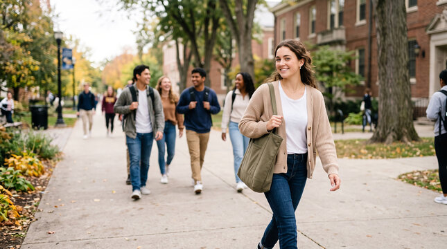 Beautiful woman woman walking campus students background which is perfect for corporate success presentation and highly effective marketing campaigns