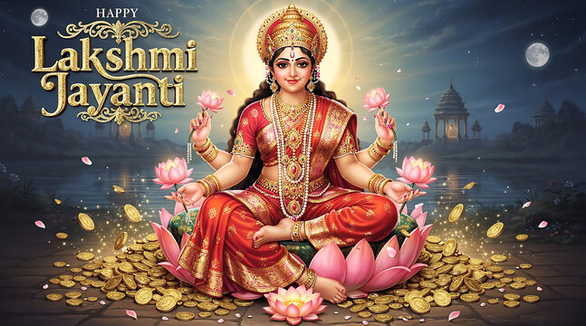 Celebrating Lakshmi Jayanti with a serene goddess seated on a lotus amidst shimmering gold coins and moonlit background