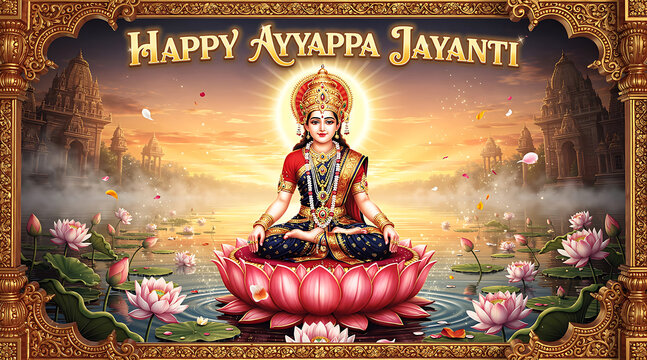 Celebration of Ayappa Jayanti with divine goddess seated on a pink lotus flower surrounded by serene water and blooming lotus