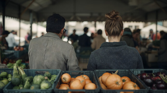 Neighbors at local farmers market stall evoking honest documentary mood and authentic community atmosphere generative AI