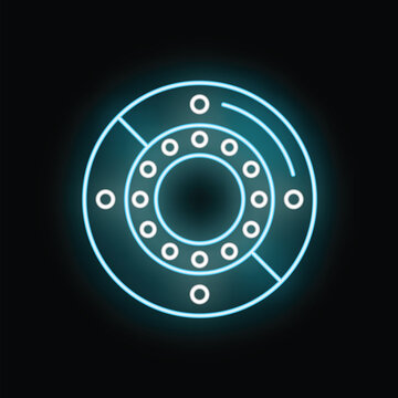 Neon blue glowing car wheel disc icon on a black background symbolizing technology