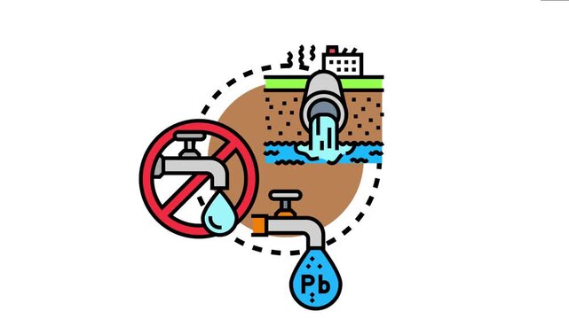 Illustration explaining the boil water precaution concept, depicting environmental pollution impacting the water supply with lead contamination, making tap water unsafe for drinking