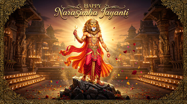 Vibrant depiction of Lord Narasimha with a radiant divine backdrop celebrating Narasimha Jayanti festival