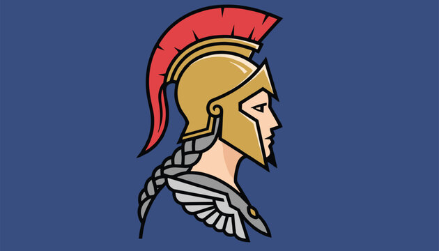 Profile illustration of a female ancient warrior wearing a golden spartan helmet with a red plume on a blue background.