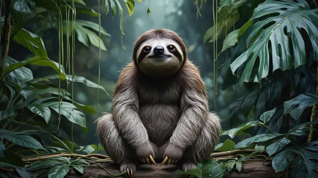 Sloth sits in the jungle.