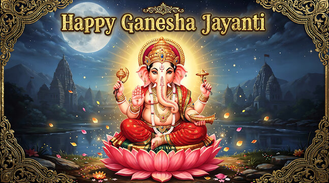 Celebratory Ganesha with radiant aura in a mystical landscape for Ganesha Jayanti festival greeting card with divine symbolism