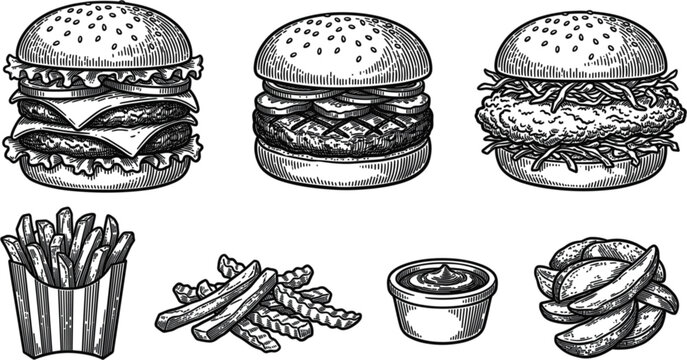 Vintage Engraving Burger and French Fries Vector Set with Cheeseburger, Chicken Burger, Crinkle Cut Fries, Potato Wedges, and Sauce for Fast Food Menu Designs