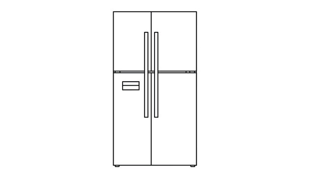 Simple line art drawing of a modern double door side-by-side refrigerator appliance on a clean white background.
