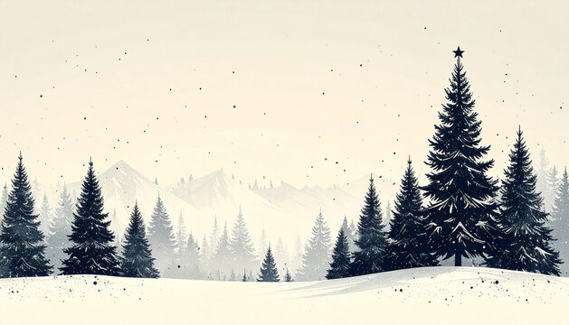 Fine black line fir trees with small stars on elegant minimalist cream white background generative AI
