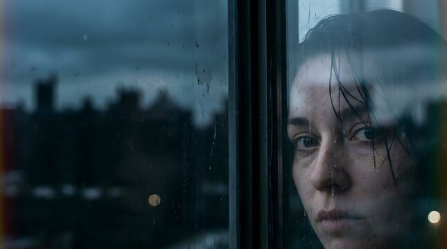 Shattered Horizon - Reflection of a woman's face in a dark window overlooking a lightless city (Stagnation, Isolation, Anthropocene, Night)