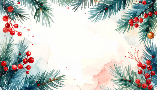 Delicate watercolour fir branches red berries and small baubles with soft washes on white paper generative AI