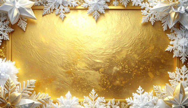 Christmas card with shimmering gold foil background framed by delicate white snowflakes and crystals generative AI