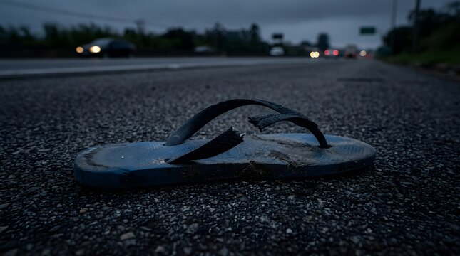 Abrupt Silence - Single snapped rubber sandal on dark highway asphalt at dawn (Abandonment, Poverty, Migration, Stagnation, Crisis, Desolation, Void, Ruin)