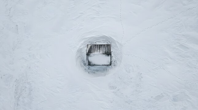 White Oblivion - Tiny wooden cabin isolated in a vast featureless snow tundra with disappearing footprints (Isolation, Wilderness, Survival, Arctic)