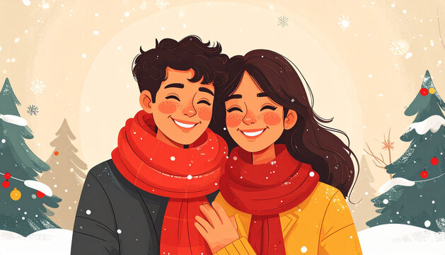 Christmas card with couple in winter coats and red scarves hugging among falling snowflakes generative AI
