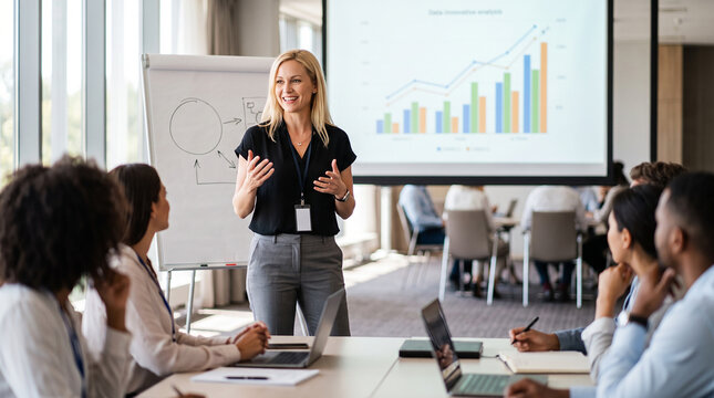 Beautiful woman woman presenting chart meeting colleagues which is perfect for corporate success presentation and highly effective marketing campaigns