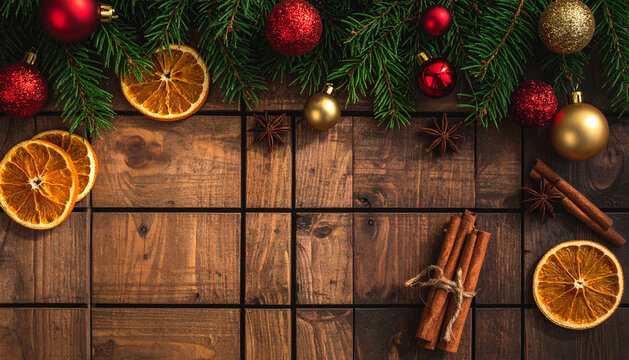 Christmas card with rustic wooden surface holding fir twig baubles cinnamon and orange slices generative AI