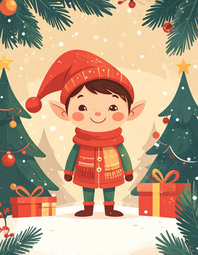 Christmas card with happy elf character in red scarf surrounded by fir trees and presents generative AI