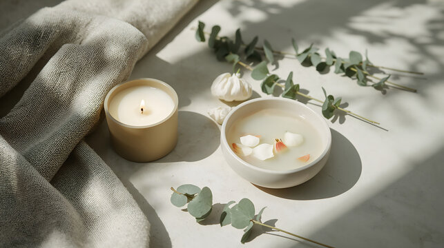 Lit soy candle and linen towel on stone surface evoking fresh restorative mood generative AI