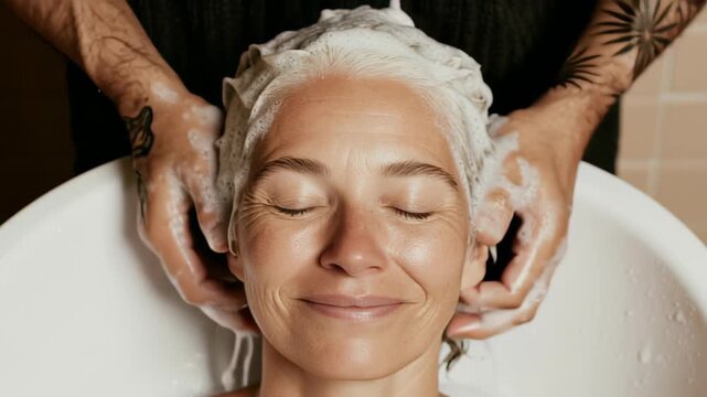 Relaxing hair washing experience with foamy lather in tranquil setting