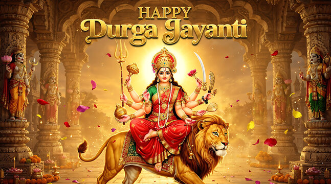 Celebrating Durga Jayanti with vibrant deities and divine festival atmosphere amidst grand temple architecture and colorful