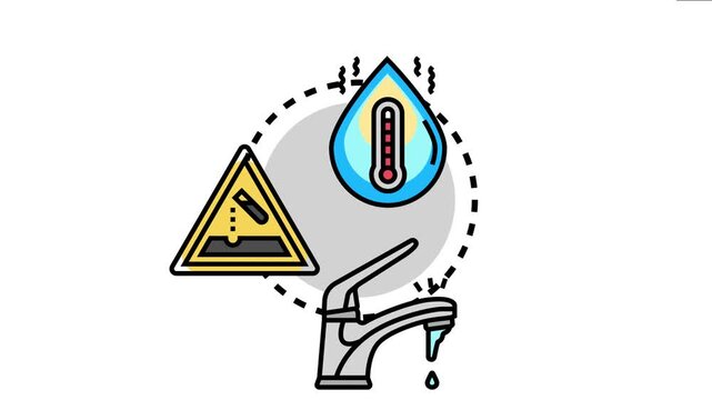 Hot water warning sign indicating high temperature water danger, safety information for hazardous liquids from a faucet, preventing scalding