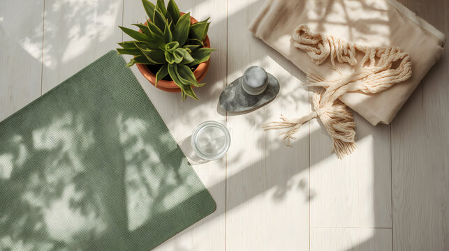 Restful wellness flat lay of yoga and self care setup evoking calm restorative mood generative AI