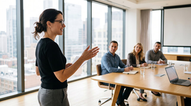 Beautiful woman woman standing talking colleagues meeting which is perfect for corporate success presentation and highly effective marketing campaigns