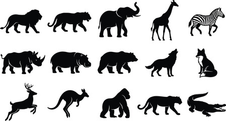 Obraz premium Set of black silhouettes of various wild animals including lion, elephant, giraffe, zebra, and bear on a white background