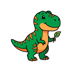 Fototapeta premium Cute green cartoon dinosaur holding a leaf isolated on white background