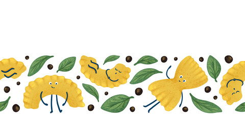Obraz premium Seamless border featuring Italian pasta and basil leaves. A hand drawn watercolor cartoon illustration for menus and kitchen textiles.