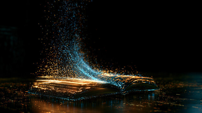 Cinematic shot of a glowing magic book with floating light particles
