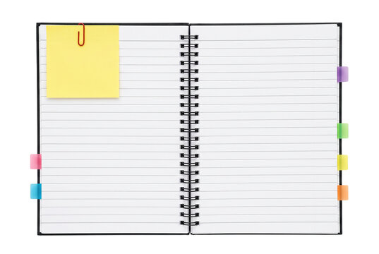 Open Spiral Lined Notebook with Yellow Sticky Note and Multi Colored Index Tabs
