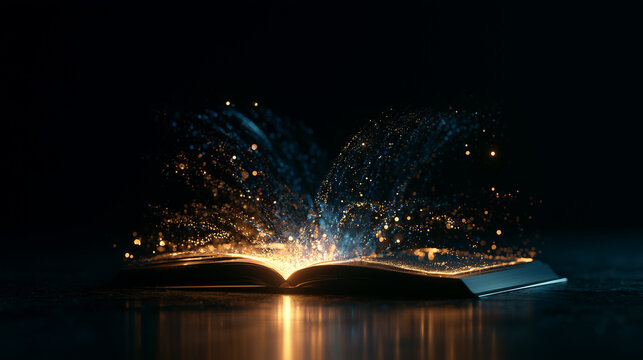 Cinematic shot of a glowing magic book with floating light particles