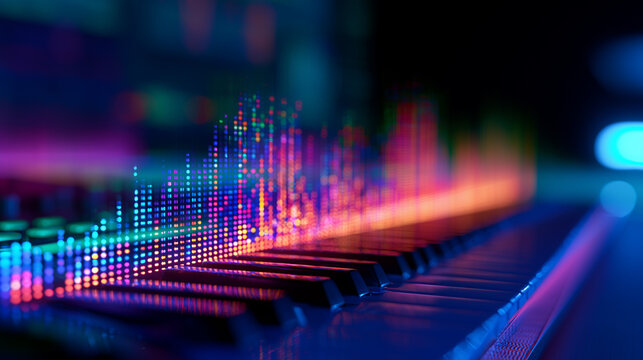Macro shot of a piano keyboard with glowing colorful sound waves