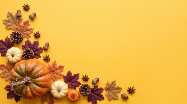Flat lay composition featuring autumn elements including pumpkins, colorful maple leaves, acorns, and pine cones arranged on a bright yellow background with copy space.