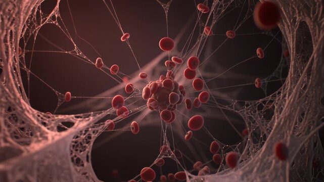 Blood coagulation and clotting process with red blood cells forming a clot in a vascular fibrin net.