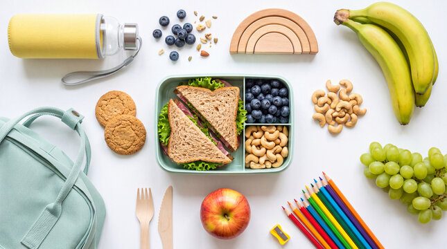 Healthy school lunch box with sandwiches, fresh fruits, nuts, cookies, water bottle, and colorful pencils arranged neatly from above.