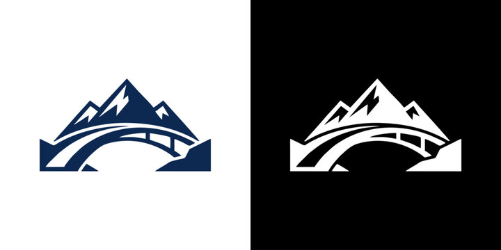 Minimalist mountain bridge logo design featuring curved arch and high peaks for outdoor adventure and engineering concepts