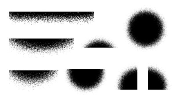 Set of black spray paint texture elements, grainy ink splatter shapes, grunge halftone brushes, distressed stipple patterns, vector design assets