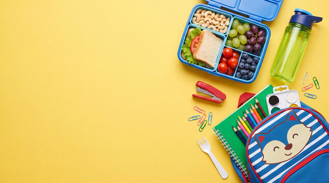 Top view of a school lunch box with a healthy sandwich, fruits, and snacks alongside a backpack, water bottle, and colorful school supplies on a yellow background.
