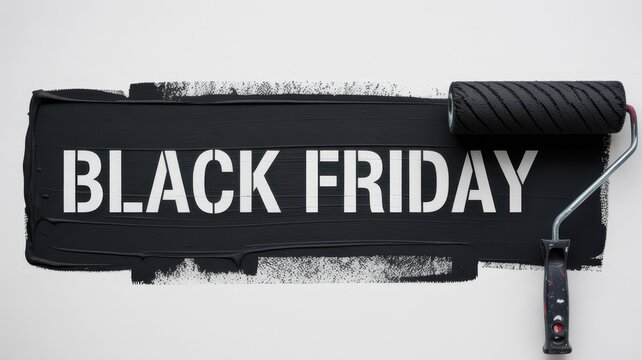 Black Friday Black Friday text stencil painted on white background with a black paint roller for a professional and bold retail advertisement design