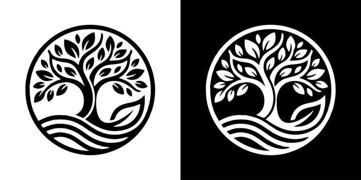 Circular tree of life logo graphic in black and white featuring wavy lines and leaves