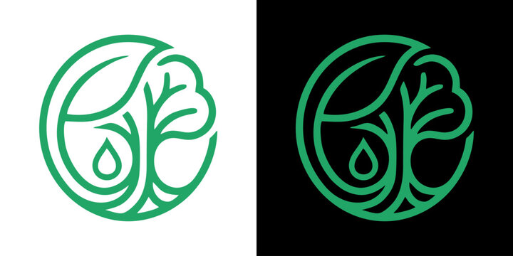 Eco friendly green logo design with nature tree and water drop symbols inside a circle
