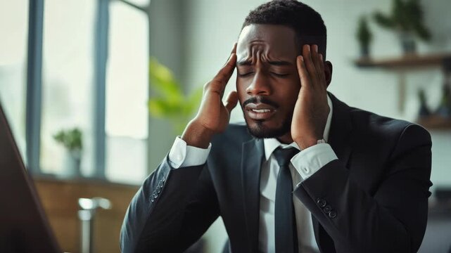 A man dressed in a suit, leaning on his hand with a look of concern and possibly experiencing a headache, suggesting stress or a challenging situation in a professional context.