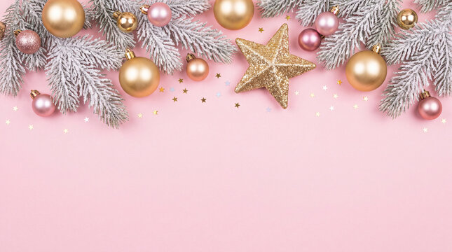 Festive flat lay Christmas background featuring frosted silver pine branches, gold and pink baubles, and a glittery star on a pink backdrop with copy space.