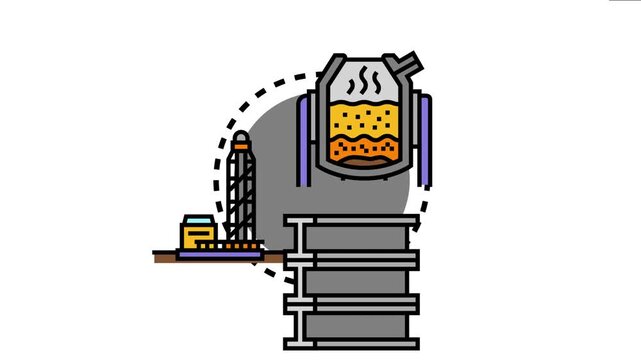 Steelmaking process demonstrating a basic oxygen furnace converting molten iron into raw steel, presenting different stages of industrial metal production and metallurgy